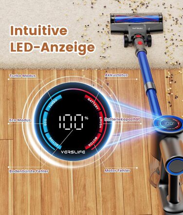 Версліф: Бездротовий акумуляторний пилосос 500W, 45 хв роботи, 40kPa, LED-дисплей, для дому та авто, синій
