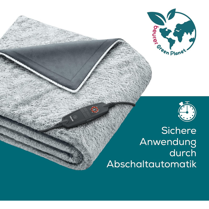 Електрична грілка-ковдра Beurer HD 75 Nordic Grey Green Planet, з переробленого матеріалу, 6 температурних режимів, м'яка, автоматичне вимкнення, 180x130 см