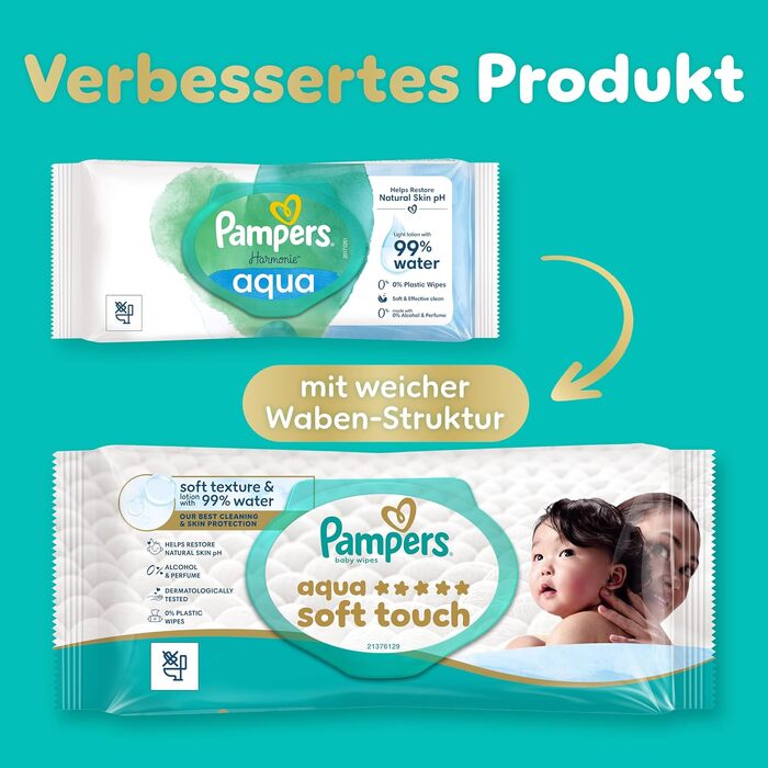Дитячі вологі серветки Pampers Aqua Soft Touch, 15 упаковок по 60 шт (900 шт), гіпоалергенні