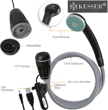 Портативний душ KESSER з акумуляторною насосною помпою 2200mAh, USB-зарядка, для кемпінгу, саду, авто, тварин, 12В