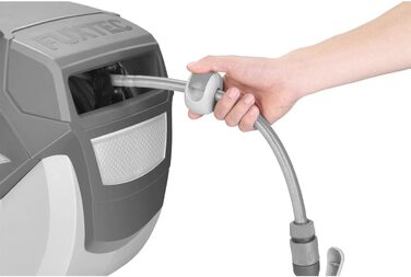 Автоматичний шланг Fuxtec FX-WSA30 – 30 м, ½ дюйма, для саду, з ручною лійкою та з'єднувачами, поворотний на 180°, настінний шланг-обойник (65x29x46 см)