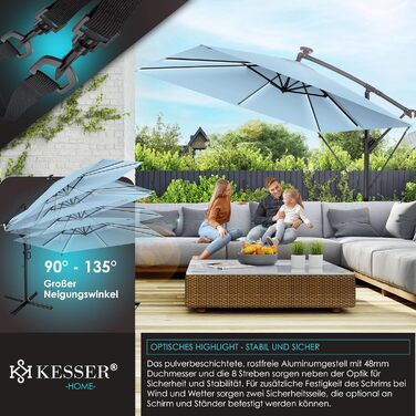 Гарматний парасоль KESSER Holly прямокутний з LED-підсвіткою на сонячній батареї, алюмінієвий, з ручкою-кривошипом, стійкою, чохлом, вітрозахистом, водостійкий, діаметр 350 см, світло-блакитний, для саду, з УФ-захистом