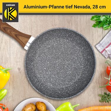 Алюмінієва сковорода KRÜGER Nevada 28 см, глибока, антипригарне покриття, для індукції та посудомийної машини, ергономічна ручка