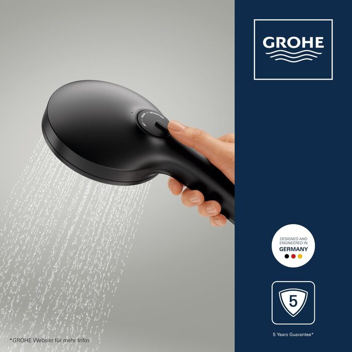 Душова лійка GROHE Vitalio Joy+ 120 з функцією Boost та AquaBooster, 3 типи струменя, водозаощаджуюча (8 л/хв), матово-чорна, 1348640000