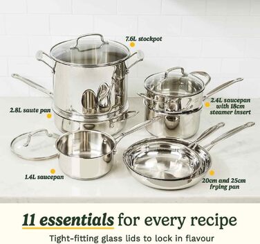Набір посуду Cuisinart Ceramica XT 11 предметів: каструлі, сковороди, сотейник, пароварка. Керамічне антипригарне покриття з титаном, без PTFE, PFOA та PFAS. Нержавіюча сталь.