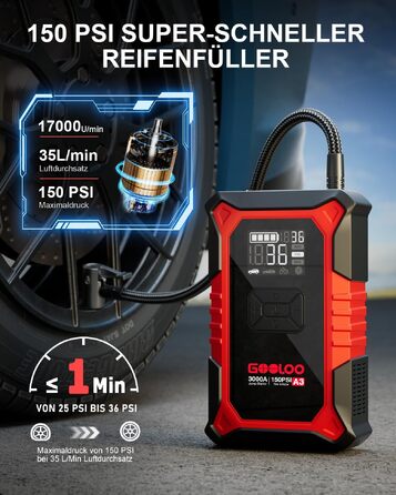 Пусковий пристрій GOOLOO A3 Jump Starter 3000A з компресором 150 PSI та функцією Powerbank