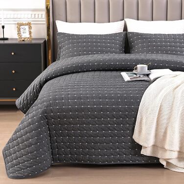 Покривало Qucover 220x240 см темно-сіре, бавовна, ультра м'яке, з вишивкою, стьобане, з 2 наволочками 50x75 см, на ліжко або диван
