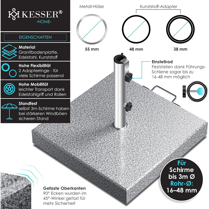 Підставка для парасольки KESSER Granit 30 кг з нержавіючої сталі (сіра, квадратна) для садових та балконних парасольок, діаметр труби 16-48 мм