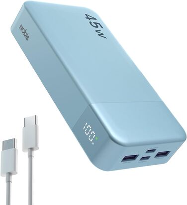 Power Bank Nobis 20000mAh, 45W з кабелем USB-C, Digital Display, для Android, Laptop, Phone (Блакитний)
