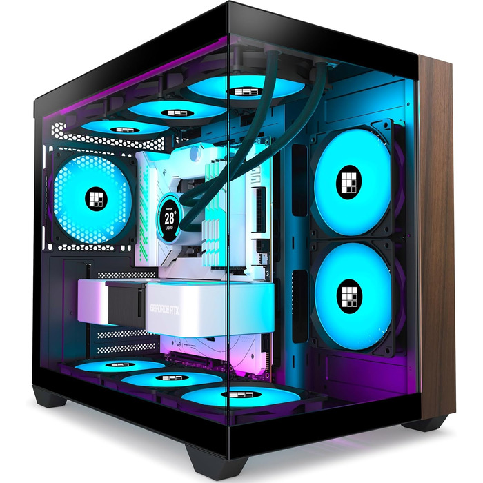Ігровий корпус для ПК FOIFKIN M3, ATX Mid-Tower, чорний, з дерев'яною передньою панеллю з горіха, 3 встановлені ARGB PWM вентилятори, панорамне скло 270°, USB Type-C