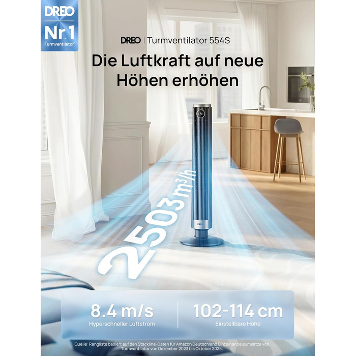 DREO Smart Tower Fan 102-114 см - Вежний вентилятор з пультом, 9 режимів, 4 режими, 90° осциляція, 12 год таймер, DC мотор, надтихий (20 дБ), для дому та офісу, чорний