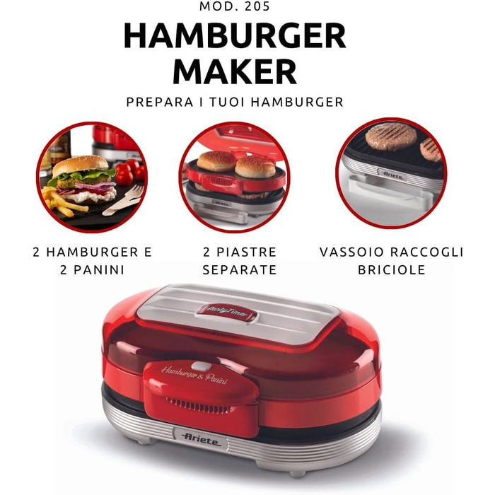 Ariete Hamburger Maker Party Time 205 – електричний сендвіч-мейкер та гриль з антипригарними пластинами, 1200 Вт, для бургерів, червоний