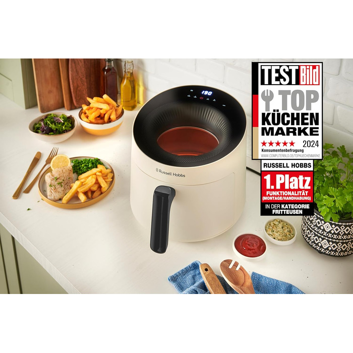 Аерофритюрниця Russell Hobbs SatisFry Panoramic 5 л, 10 програм, з оглядовим вікном, без олії, для фритюру, грилю, запікання та випікання, до 200°C, підходить для посудомийної машини, кремова, модель 27421-56