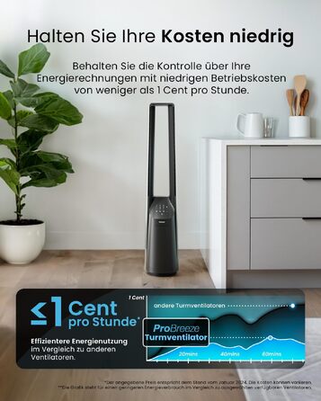Pro Breeze Вентилятор без лопатей 101 см з LED дисплеєм та пультом - 6 швидкостей, 5 режимів, авто-коливання 60°, таймер 7 годин, чорний