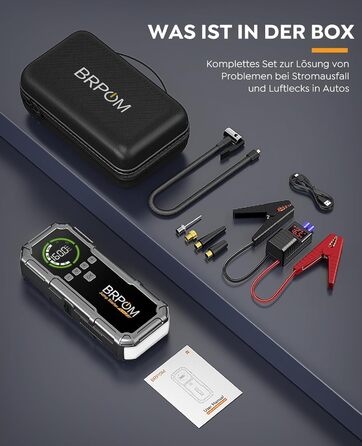 Powerbank Starthilfe BRPOM для автомобіля з компресором 160PSI, 8000A, 26800mAh, для бензинових та дизельних двигунів (12.0L), стартер, LED-ліхтар 600LUM, сріблясто-сірий