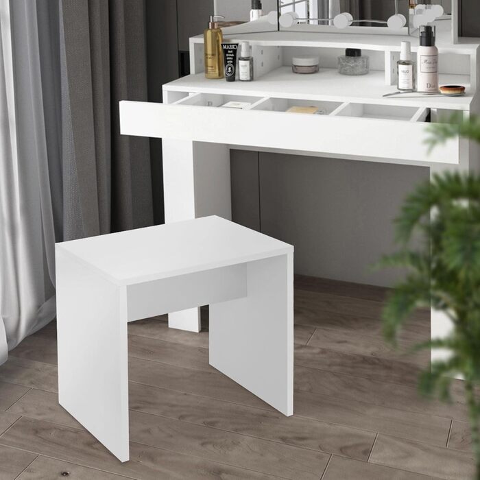 Туалетний столик ML-Design з табуретом, білий, сучасний косметичний стіл з трьома дзеркалами, двома шухлядами та трьома відкритими полицями, 100x40x140 см, туалетна комода для макіяжу