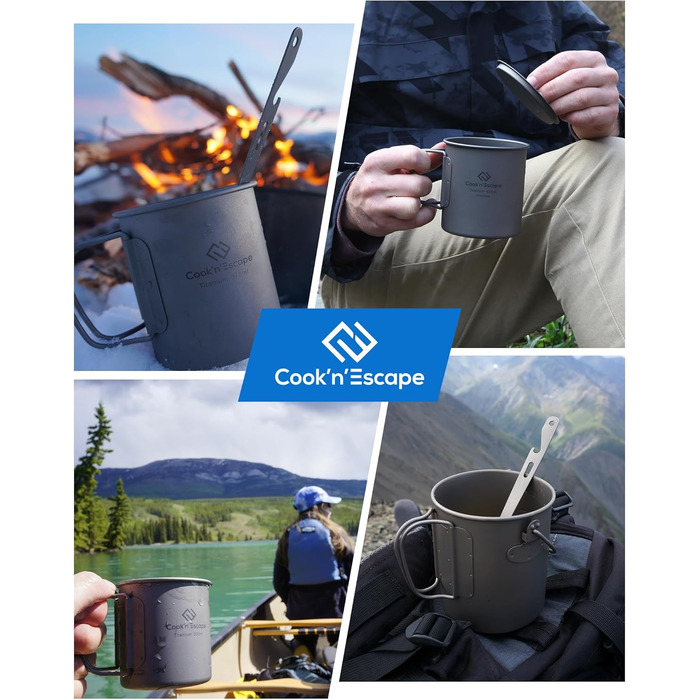 Титанова чашка для кемпінгу COOK'N'ESCAPE Titan Becher 300 мл з кришкою та складною ручкою - легка, міцна, жаростійка для туризму, пікніка