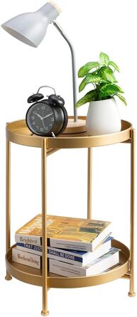 Двоповерховий круглий металевий столик HollyHOME золотий для вітальні, спальні, тераси, балкона, журнальний, чайний, приліжковий