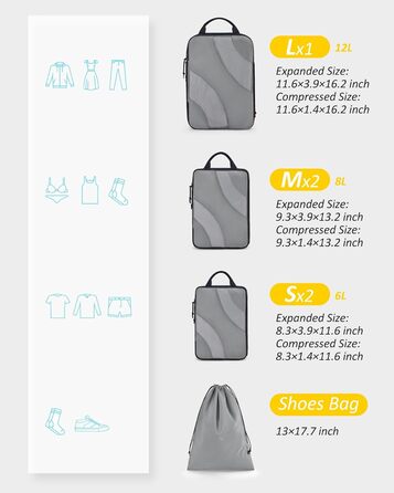 Набір компресійних органайзерів для подорожей BAGSMART Packing Cubes, набір для пакування речей у валізу та ручну поклажу, 6 предметів, сірий