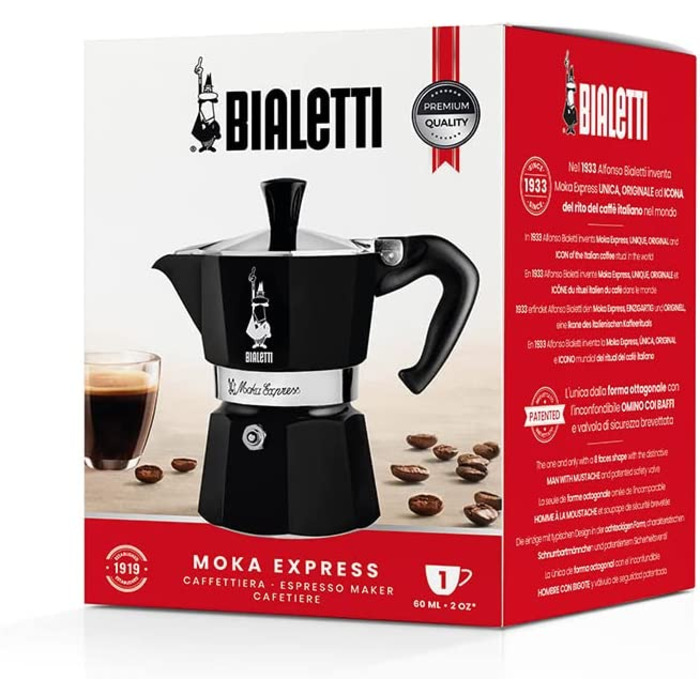 Кавоварка Bialetti Moka Color для плити, 1 чашка, алюмінієва, чорна – італійська еспресо-кава