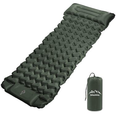 Кемпінговий надувний килимок SHANNA Outdoor: потовщений (12 см), ультралегкий матрац для походу та кемпінгу з вбудованим ножним насосом, армійський зелений