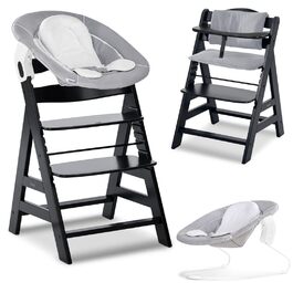 Високий стільчик для годування Hauck Alpha+ Newborn Set - з 2в1 гойдалкою. Дерев'яний стільчик для немовлят від народження, з м'якою подушкою та вкладишем для новонароджених (Classic, Чорний)