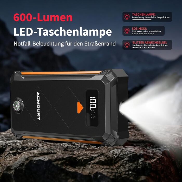 Бустерний пускач Acmount P110 7000A Powerbank для авто (12л бензин/10л дизель) з LED-ліхтарем, компасом та молотком для PKW, SUV, мотоциклів, газонокосарок, помаранчевий