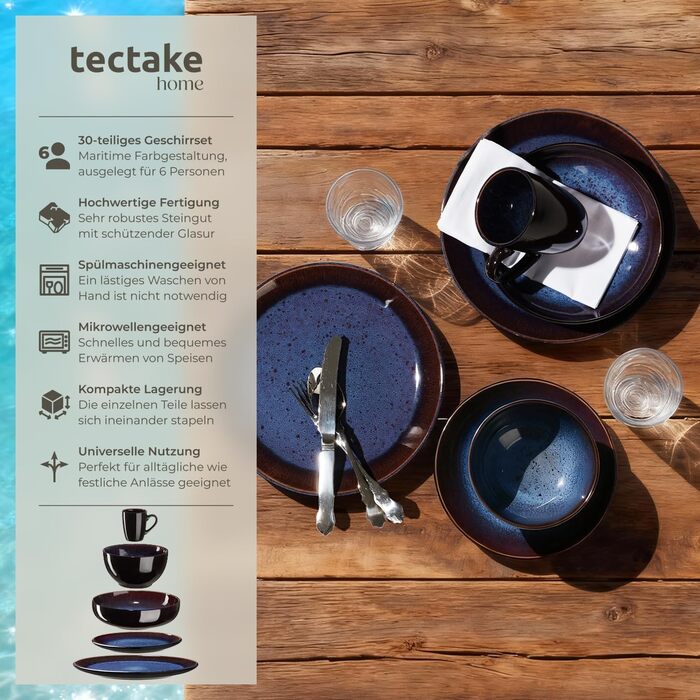 Набір посуду Tectake 30 предметів для 6 осіб, керамічний посуд, набір тарілок, мисок та чашок, придатний для миття в посудомийній машині та використання в мікрохвильовій печі - (Abyss Blue)