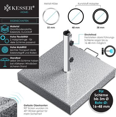 Підставка для парасольки KESSER Granit 30 кг з нержавіючої сталі (сіра, квадратна) для садових та балконних парасольок, діаметр труби 16-48 мм