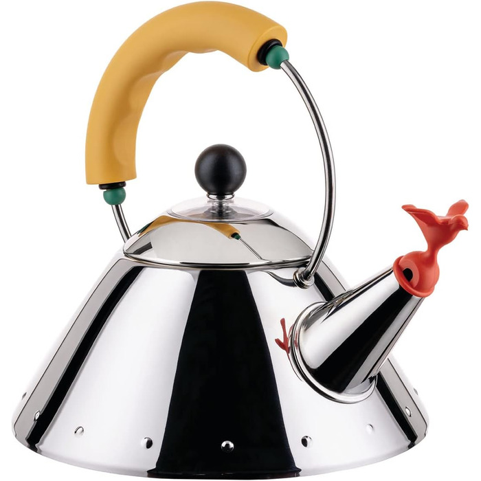 Чайник для індукційної плити Alessi 9093/1 LAZ, нержавіюча сталь 18/10, полірована, з ручкою та свистком у формі пташки, жовтий